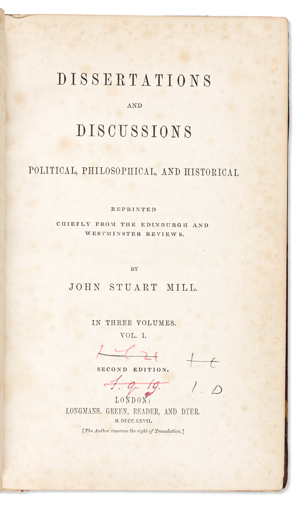[Economics] Mill, John Stuart (1806-1873) Dissertations and Discussions Political, Philosophical, and Historical.